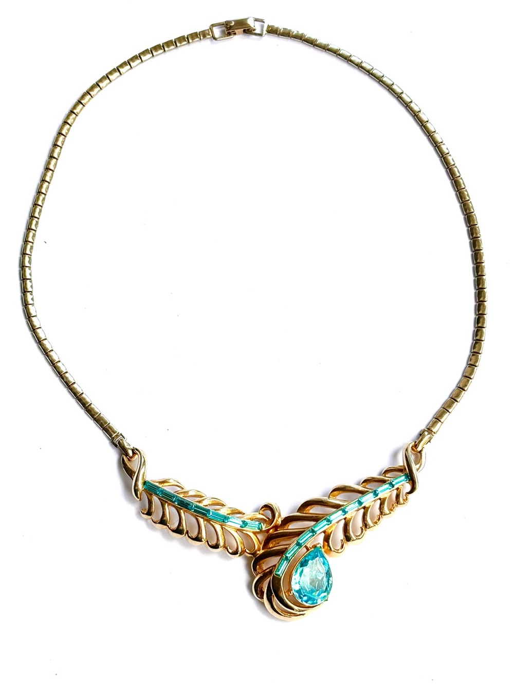 Coro Signed Vintage 1940s Adolph Katz Aqua Rhinestone Collar Necklace